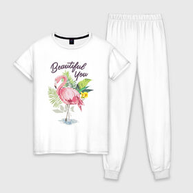 Женская пижама хлопок с принтом Фламинго в Санкт-Петербурге, 100% хлопок | брюки и футболка прямого кроя, без карманов, на брюках мягкая резинка на поясе и по низу штанин | flamingo | птица | птицы | фламинго