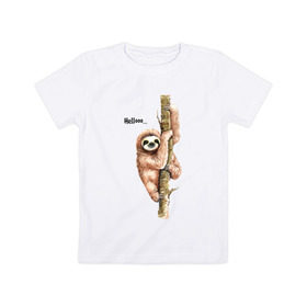 Детская футболка хлопок с принтом Ленивец в Санкт-Петербурге, 100% хлопок | круглый вырез горловины, полуприлегающий силуэт, длина до линии бедер | Тематика изображения на принте: sloth | ленивец | ленивцы