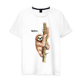 Мужская футболка хлопок с принтом Ленивец в Санкт-Петербурге, 100% хлопок | прямой крой, круглый вырез горловины, длина до линии бедер, слегка спущенное плечо. | sloth | ленивец | ленивцы