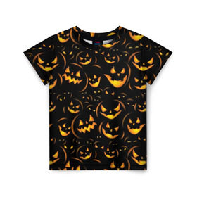 Детская футболка 3D с принтом Хэллоуин в Санкт-Петербурге, 100% гипоаллергенный полиэфир | прямой крой, круглый вырез горловины, длина до линии бедер, чуть спущенное плечо, ткань немного тянется | background | black | color | eyes | fangs | halloween | holiday | horror | orange | pumpkin | sinister | teeth | vegetable | yellow | глаза | желтый | зловещий | зубы | клыки | овощ | оранжевый | праздник | тыквы | ужас | фон | хэллоуин | цвет | черный