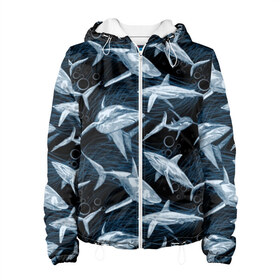 Женская куртка 3D с принтом Акулы в Санкт-Петербурге, ткань верха — 100% полиэстер, подклад — флис | прямой крой, подол и капюшон оформлены резинкой с фиксаторами, два кармана без застежек по бокам, один большой потайной карман на груди. Карман на груди застегивается на липучку | abyss | background | black | blue | bubbles | color | danger | depth | fin | mu | nature | ocean | predator | sea | shark | sharp | tail | teeth | акула | бездна | водоросли | глубина | зубы | море | океан | опасность | острые | плавник 