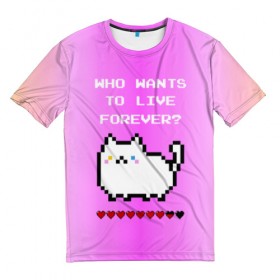 Мужская футболка 3D с принтом Cat forever в Санкт-Петербурге, 100% полиэфир | прямой крой, круглый вырез горловины, длина до линии бедер | Тематика изображения на принте: 9 жизней | forever | pixel art | queen | wants to live | квин цитата | котенок | котик | котики | коты | кошка | кошки | пиксели | пиксель арт