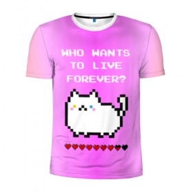 Мужская футболка 3D спортивная с принтом Cat forever в Санкт-Петербурге, 100% полиэстер с улучшенными характеристиками | приталенный силуэт, круглая горловина, широкие плечи, сужается к линии бедра | 9 жизней | forever | pixel art | queen | wants to live | квин цитата | котенок | котик | котики | коты | кошка | кошки | пиксели | пиксель арт