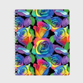 Тетрадь с принтом Разноцветные розы в Санкт-Петербурге, 100% бумага | 48 листов, плотность листов — 60 г/м2, плотность картонной обложки — 250 г/м2. Листы скреплены сбоку удобной пружинной спиралью. Уголки страниц и обложки скругленные. Цвет линий — светло-серый
 | Тематика изображения на принте: background | black | blue | bud | color | exotic | flora | flowers | green | leaves | nature | pink | plant | purple | red | rose | yellow | бутон | желтый | зеленый | красный | лепесток | листья | природа | разноцветный | растение | роза | розо