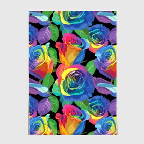 Постер с принтом Разноцветные розы в Санкт-Петербурге, 100% бумага
 | бумага, плотность 150 мг. Матовая, но за счет высокого коэффициента гладкости имеет небольшой блеск и дает на свету блики, но в отличии от глянцевой бумаги не покрыта лаком | background | black | blue | bud | color | exotic | flora | flowers | green | leaves | nature | pink | plant | purple | red | rose | yellow | бутон | желтый | зеленый | красный | лепесток | листья | природа | разноцветный | растение | роза | розо