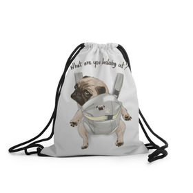 Рюкзак-мешок 3D с принтом Мопс в рюкзаке в Санкт-Петербурге, 100% полиэстер | плотность ткани — 200 г/м2, размер — 35 х 45 см; лямки — толстые шнурки, застежка на шнуровке, без карманов и подкладки | Тематика изображения на принте: background | backpack | breed | brown | color | cute | dog | funny | gray | look | muzzle | paws | pug | puppy | slogan | small | trace | white | белый | взгляд | коричневый | лапы | маленький | милый | мопс | пес | порода | прикольный | рюкзак | 