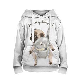 Детская толстовка 3D с принтом Мопс в рюкзаке в Санкт-Петербурге, 100% полиэстер | двухслойный капюшон со шнурком для регулировки, мягкие манжеты на рукавах и по низу толстовки, спереди карман-кенгуру с мягким внутренним слоем | background | backpack | breed | brown | color | cute | dog | funny | gray | look | muzzle | paws | pug | puppy | slogan | small | trace | white | белый | взгляд | коричневый | лапы | маленький | милый | мопс | пес | порода | прикольный | рюкзак | 