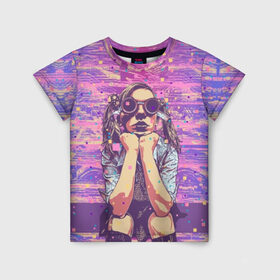 Детская футболка 3D с принтом Девушка в очках в Санкт-Петербурге, 100% гипоаллергенный полиэфир | прямой крой, круглый вырез горловины, длина до линии бедер, чуть спущенное плечо, ткань немного тянется | background | blue | bright | color | colorful | cool | cyberpunk | girl | hairstyle | pink | purple | scho | skirt | student | девочка | девушка | киберпанк | круто | очки | прикольно | прическа | разноцветный | розовый | рубашка | син
