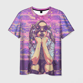 Мужская футболка 3D с принтом Девушка в очках в Санкт-Петербурге, 100% полиэфир | прямой крой, круглый вырез горловины, длина до линии бедер | background | blue | bright | color | colorful | cool | cyberpunk | girl | hairstyle | pink | purple | scho | skirt | student | девочка | девушка | киберпанк | круто | очки | прикольно | прическа | разноцветный | розовый | рубашка | син