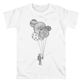 Мужская футболка хлопок с принтом Космонавт в Санкт-Петербурге, 100% хлопок | прямой крой, круглый вырез горловины, длина до линии бедер, слегка спущенное плечо. | абстракция | астронавт | в космосе | космонавт | космос | планета | планеты | шарики