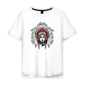 Мужская футболка хлопок Oversize с принтом Индианка в Санкт-Петербурге, 100% хлопок | свободный крой, круглый ворот, “спинка” длиннее передней части | indian | индеец | индейцы | индианка | коренные американцы
