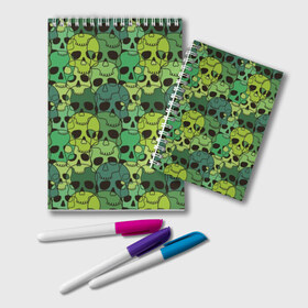 Блокнот с принтом Зеленые черепа в Санкт-Петербурге, 100% бумага | 48 листов, плотность листов — 60 г/м2, плотность картонной обложки — 250 г/м2. Листы скреплены удобной пружинной спиралью. Цвет линий — светло-серый
 | Тематика изображения на принте: anger | black | death | drawing | green | horror | illustration | lime | look | marsh | scary | skull | terrible | болотный | взгляд | зеленый | злость | иллюстрация | рисунок | салатовый | страшный | ужас | ужасный | черепа | черный