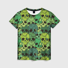Женская футболка 3D с принтом Зеленые черепа в Санкт-Петербурге, 100% полиэфир ( синтетическое хлопкоподобное полотно) | прямой крой, круглый вырез горловины, длина до линии бедер | anger | black | death | drawing | green | horror | illustration | lime | look | marsh | scary | skull | terrible | болотный | взгляд | зеленый | злость | иллюстрация | рисунок | салатовый | страшный | ужас | ужасный | черепа | черный