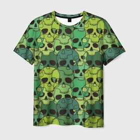 Мужская футболка 3D с принтом Зеленые черепа в Санкт-Петербурге, 100% полиэфир | прямой крой, круглый вырез горловины, длина до линии бедер | anger | black | death | drawing | green | horror | illustration | lime | look | marsh | scary | skull | terrible | болотный | взгляд | зеленый | злость | иллюстрация | рисунок | салатовый | страшный | ужас | ужасный | черепа | черный
