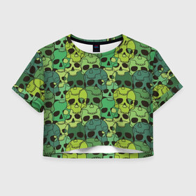 Женская футболка Cropp-top с принтом Зеленые черепа в Санкт-Петербурге, 100% полиэстер | круглая горловина, длина футболки до линии талии, рукава с отворотами | anger | black | death | drawing | green | horror | illustration | lime | look | marsh | scary | skull | terrible | болотный | взгляд | зеленый | злость | иллюстрация | рисунок | салатовый | страшный | ужас | ужасный | черепа | черный