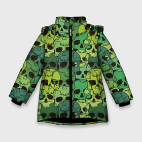 Зимняя куртка для девочек 3D с принтом Зеленые черепа в Санкт-Петербурге, ткань верха — 100% полиэстер; подклад — 100% полиэстер, утеплитель — 100% полиэстер. | длина ниже бедра, удлиненная спинка, воротник стойка и отстегивающийся капюшон. Есть боковые карманы с листочкой на кнопках, утяжки по низу изделия и внутренний карман на молнии. 

Предусмотрены светоотражающий принт на спинке, радужный светоотражающий элемент на пуллере молнии и на резинке для утяжки. | anger | black | death | drawing | green | horror | illustration | lime | look | marsh | scary | skull | terrible | болотный | взгляд | зеленый | злость | иллюстрация | рисунок | салатовый | страшный | ужас | ужасный | черепа | черный