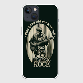 Чехол для iPhone 13 с принтом Старый рок н ролл в Санкт-Петербурге,  |  | beard | black | cap | clothes | color | guitar | guitarist | man | music | retro | rock | rock and roll | strip | vintage | white | афиша | белый | борода | винтаж | гитара | гитарист | звезда | звук | игра | кепка | классический | мужчина | музыка | музы