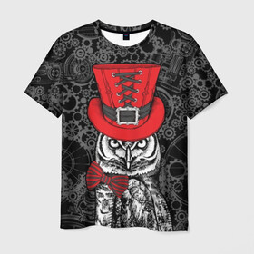 Мужская футболка 3D с принтом Сова в цилиндре в Санкт-Петербурге, 100% полиэфир | прямой крой, круглый вырез горловины, длина до линии бедер | bird | black | bow | fe | gentleman | gray | hat | look | owl | predator | red | retro | steampunk | style | white | wild | бант | белый | взгляд | галстук бабочка | джентльмен | дикий | клюв | красный | мудрость | перья | полосатый | птица | ретро | серы