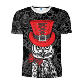 Мужская футболка 3D спортивная с принтом Сова в цилиндре в Санкт-Петербурге, 100% полиэстер с улучшенными характеристиками | приталенный силуэт, круглая горловина, широкие плечи, сужается к линии бедра | Тематика изображения на принте: bird | black | bow | fe | gentleman | gray | hat | look | owl | predator | red | retro | steampunk | style | white | wild | бант | белый | взгляд | галстук бабочка | джентльмен | дикий | клюв | красный | мудрость | перья | полосатый | птица | ретро | серы