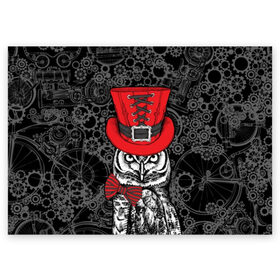 Поздравительная открытка с принтом Сова в цилиндре в Санкт-Петербурге, 100% бумага | плотность бумаги 280 г/м2, матовая, на обратной стороне линовка и место для марки
 | bird | black | bow | fe | gentleman | gray | hat | look | owl | predator | red | retro | steampunk | style | white | wild | бант | белый | взгляд | галстук бабочка | джентльмен | дикий | клюв | красный | мудрость | перья | полосатый | птица | ретро | серы