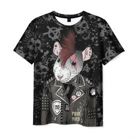 Мужская футболка 3D с принтом Крыса в косухе в Санкт-Петербурге, 100% полиэфир | прямой крой, круглый вырез горловины, длина до линии бедер | anarchy | clothes | cool | earring | hairstyle | hamster | icon | jacket | mohawk | mouse | music | muzzle | piercing | punk | rat | riveting | rock | skull | spikes | анархия | значок | ирокез | к | клепки | круто | крыса | куртка | музыка | мышь