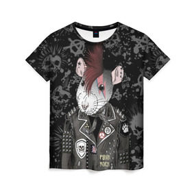 Женская футболка 3D с принтом Крыса в косухе в Санкт-Петербурге, 100% полиэфир ( синтетическое хлопкоподобное полотно) | прямой крой, круглый вырез горловины, длина до линии бедер | Тематика изображения на принте: anarchy | clothes | cool | earring | hairstyle | hamster | icon | jacket | mohawk | mouse | music | muzzle | piercing | punk | rat | riveting | rock | skull | spikes | анархия | значок | ирокез | к | клепки | круто | крыса | куртка | музыка | мышь