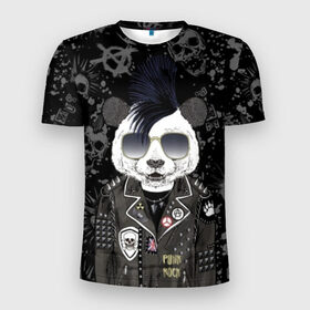 Мужская футболка 3D спортивная с принтом Панда в косухе в Санкт-Петербурге, 100% полиэстер с улучшенными характеристиками | приталенный силуэт, круглая горловина, широкие плечи, сужается к линии бедра | anarchy | bear | color | cool | icon | jacket | mohawk | music | panda | piercing | punk | purple | rock | skull | white | аксессуар | анархия | белый | значок | ирокез | круто | куртка | медведь | музыка | одежда | очки | панда | панк |
