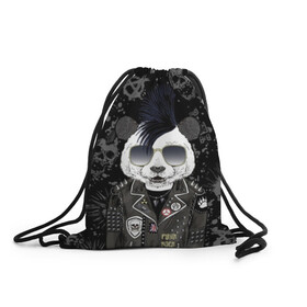 Рюкзак-мешок 3D с принтом Панда в косухе в Санкт-Петербурге, 100% полиэстер | плотность ткани — 200 г/м2, размер — 35 х 45 см; лямки — толстые шнурки, застежка на шнуровке, без карманов и подкладки | anarchy | bear | color | cool | icon | jacket | mohawk | music | panda | piercing | punk | purple | rock | skull | white | аксессуар | анархия | белый | значок | ирокез | круто | куртка | медведь | музыка | одежда | очки | панда | панк |