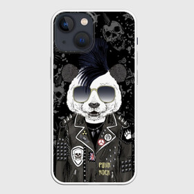 Чехол для iPhone 13 mini с принтом Панда в косухе в Санкт-Петербурге,  |  | anarchy | bear | color | cool | icon | jacket | mohawk | music | panda | piercing | punk | purple | rock | skull | white | аксессуар | анархия | белый | значок | ирокез | круто | куртка | медведь | музыка | одежда | очки | панда | панк |