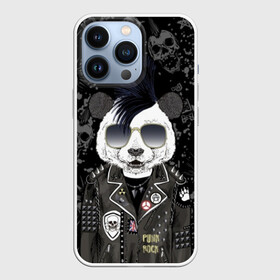 Чехол для iPhone 13 Pro с принтом Панда в косухе в Санкт-Петербурге,  |  | anarchy | bear | color | cool | icon | jacket | mohawk | music | panda | piercing | punk | purple | rock | skull | white | аксессуар | анархия | белый | значок | ирокез | круто | куртка | медведь | музыка | одежда | очки | панда | панк |