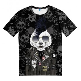 Мужская футболка 3D с принтом Панда в косухе в Санкт-Петербурге, 100% полиэфир | прямой крой, круглый вырез горловины, длина до линии бедер | Тематика изображения на принте: anarchy | bear | color | cool | icon | jacket | mohawk | music | panda | piercing | punk | purple | rock | skull | white | аксессуар | анархия | белый | значок | ирокез | круто | куртка | медведь | музыка | одежда | очки | панда | панк |