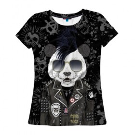 Женская футболка 3D с принтом Панда в косухе в Санкт-Петербурге, 100% полиэфир ( синтетическое хлопкоподобное полотно) | прямой крой, круглый вырез горловины, длина до линии бедер | anarchy | bear | color | cool | icon | jacket | mohawk | music | panda | piercing | punk | purple | rock | skull | white | аксессуар | анархия | белый | значок | ирокез | круто | куртка | медведь | музыка | одежда | очки | панда | панк |