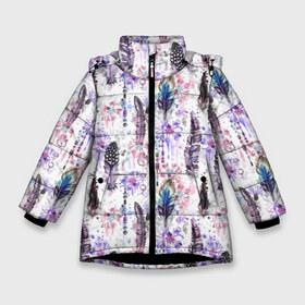 Зимняя куртка для девочек 3D с принтом Акварельные перья в Санкт-Петербурге, ткань верха — 100% полиэстер; подклад — 100% полиэстер, утеплитель — 100% полиэстер. | длина ниже бедра, удлиненная спинка, воротник стойка и отстегивающийся капюшон. Есть боковые карманы с листочкой на кнопках, утяжки по низу изделия и внутренний карман на молнии. 

Предусмотрены светоотражающий принт на спинке, радужный светоотражающий элемент на пуллере молнии и на резинке для утяжки. | Тематика изображения на принте: beads | bird | blue | boho | bright | circles | color | dots | ethnic | feathers | flower | hippie | illustration | ma | pink | purple | watercolor | акварель | бохо | бусы | василек | иллюстрация | круги | лиловый | перья | птичьи | розовый | с