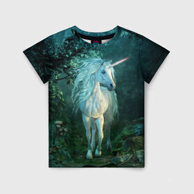 Детская футболка 3D с принтом Единорог в Санкт-Петербурге, 100% гипоаллергенный полиэфир | прямой крой, круглый вырез горловины, длина до линии бедер, чуть спущенное плечо, ткань немного тянется | Тематика изображения на принте: animal | beautiful | blue | fantasy | green | hooves | horn | horse | magi | mushrooms | nature | night | unicorn | white | белый | волшебство | грибы | грива | единорог | животное | зеленый | иллюстрация | копыта | лес | лошадь | мифология | но