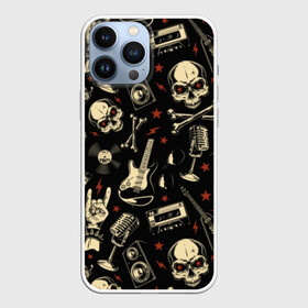 Чехол для iPhone 13 Pro Max с принтом Гранж с черепами в Санкт-Петербурге,  |  | bones | grunge | guitar | hands | microphone | music | punk | record | rocker | skeleton | skull | sound | style | tape | vintage | vinyl | винил | винтаж | гитары | гранж | звук | кассеты | коза | кости | магнитофон | микрофон | молнии | музыка | очки | 