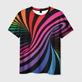 Мужская футболка 3D с принтом Метаморфозы в Санкт-Петербурге, 100% полиэфир | прямой крой, круглый вырез горловины, длина до линии бедер | abstraction | black | blue | color | green | hypnosis | illusion | orange | p | rainbow | red | tunnel | yellow | абстракция | галлюцинации | гипноз | желтый | зеленый | иллюзия | красный | оранжевый | полосы | психоделика | радуга | разноцветны