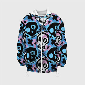 Детская куртка 3D с принтом Черепа в Санкт-Петербурге, 100% полиэстер | застежка — молния, подол и капюшон оформлены резинкой с фиксаторами, по бокам — два кармана без застежек, один потайной карман на груди, плотность верхнего слоя — 90 г/м2; плотность флисового подклада — 260 г/м2 | black | blue | crosses | graffiti | halloween | ornament | pattern | pink | skull | white | белый | граффити | кресты | орнамент | розовый | синий | узор | хэллоуин | черепа | черный
