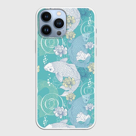 Чехол для iPhone 13 Pro Max с принтом Карпы Кои в Санкт-Петербурге,  |  | blue | bubbles | carp koi | fauna | fin | fish | flora | flower | green | japan | japanese | lake | lotus | plant | pond | scales | tail | water | white | белый | вода | зелёный | карп кои | лотос | озеро | плавник | пруд | пузыри | растение | р