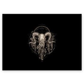 Поздравительная открытка с принтом Овен в ловце снов в Санкт-Петербурге, 100% бумага | плотность бумаги 280 г/м2, матовая, на обратной стороне линовка и место для марки
 | aries | black | charm | cobweb | dream catcher | ethnic | feathers | goat | horns | mystic | national | ram | skeleton | skull | taurus | totem | баран | гороскоп | знак зодиака | козел | ловец снов | мистика | национальный | оберег | овен | паутина | пер