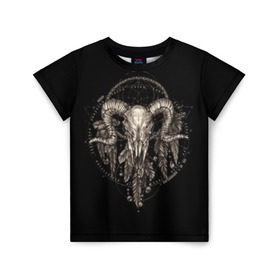 Детская футболка 3D с принтом Овен в ловце снов в Санкт-Петербурге, 100% гипоаллергенный полиэфир | прямой крой, круглый вырез горловины, длина до линии бедер, чуть спущенное плечо, ткань немного тянется | Тематика изображения на принте: aries | black | charm | cobweb | dream catcher | ethnic | feathers | goat | horns | mystic | national | ram | skeleton | skull | taurus | totem | баран | гороскоп | знак зодиака | козел | ловец снов | мистика | национальный | оберег | овен | паутина | пер