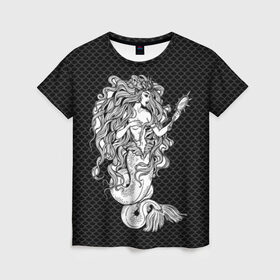 Женская футболка 3D с принтом Русалка с зеркалом в Санкт-Петербурге, 100% полиэфир ( синтетическое хлопкоподобное полотно) | прямой крой, круглый вырез горловины, длина до линии бедер | beauty | black | body | cool | curls | fin | fish | goddess | hair | magic | mermaid | mirror | niida | scales | sea | siren | tail | white | белый | богиня | волосы | волшебство | зеркало | красотка | кудри | магия | море | нияда | плавник | прикольно | 