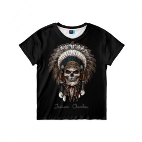Детская футболка 3D с принтом Череп с роучем в Санкт-Петербурге, 100% гипоаллергенный полиэфир | прямой крой, круглый вырез горловины, длина до линии бедер, чуть спущенное плечо, ткань немного тянется | Тематика изображения на принте: cherokee | culture | ethnic | feathers | indian | national | navajo | roach | skeleton | skull | traditional | индеец | культура | навахо | национальный | перья | роуч | скелет | традиционный | череп | чероки | этнический