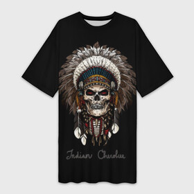 Платье-футболка 3D с принтом Череп с роучем в Санкт-Петербурге,  |  | cherokee | culture | ethnic | feathers | indian | national | navajo | roach | skeleton | skull | traditional | индеец | культура | навахо | национальный | перья | роуч | скелет | традиционный | череп | чероки | этнический