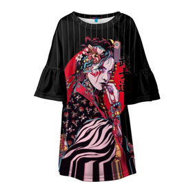 Детское платье 3D с принтом Гейша в Санкт-Петербурге, 100% полиэстер | прямой силуэт, чуть расширенный к низу. Круглая горловина, на рукавах — воланы | beauty | black | bright | character | cool | decorations | flowers | geisha | girl | hairstyle | japan | kimon | lines | red | stripes | woman | young | девушка | женщина | иероглиф | кимоно | красный | красотка | круто | линии | молодая | полосы 