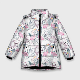 Зимняя куртка для девочек 3D с принтом Фламинго в Санкт-Петербурге, ткань верха — 100% полиэстер; подклад — 100% полиэстер, утеплитель — 100% полиэстер. | длина ниже бедра, удлиненная спинка, воротник стойка и отстегивающийся капюшон. Есть боковые карманы с листочкой на кнопках, утяжки по низу изделия и внутренний карман на молнии. 

Предусмотрены светоотражающий принт на спинке, радужный светоотражающий элемент на пуллере молнии и на резинке для утяжки. | Тематика изображения на принте: abstraction | beak | bird | fauna | feathers | flamingo | flora | flower | happiness | jungle | leaves | nature | pink | tropical | tropics | white | yellow | абстракция | белый | джунгли | желтый | клюв | листья | перья | природа | птица | розовый | счас