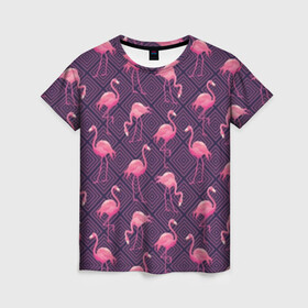 Женская футболка 3D с принтом Фламинго в Санкт-Петербурге, 100% полиэфир ( синтетическое хлопкоподобное полотно) | прямой крой, круглый вырез горловины, длина до линии бедер | abstraction | beak | bird | fauna | feathers | flamingo | flora | geometry | happiness | nature | pink | purple | tropical | tropics | абстракция | геометрия | клюв | перья | природа | птица | розовый | счастье | тропики | тропический | фауна | фиолетовый