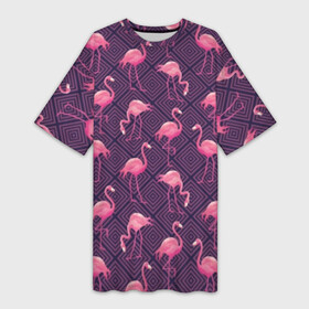 Платье-футболка 3D с принтом Фламинго в Санкт-Петербурге,  |  | abstraction | beak | bird | fauna | feathers | flamingo | flora | geometry | happiness | nature | pink | purple | tropical | tropics | абстракция | геометрия | клюв | перья | природа | птица | розовый | счастье | тропики | тропический | фауна | фиолетовый