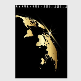 Скетчбук с принтом Золотая планета в Санкт-Петербурге, 100% бумага
 | 48 листов, плотность листов — 100 г/м2, плотность картонной обложки — 250 г/м2. Листы скреплены сверху удобной пружинной спиралью | Тематика изображения на принте: black | continent | earth | gold | map | planet | radiance | ray | world | земля | золото | карта | континент | луч | материк | мир | планета | сияние | черный