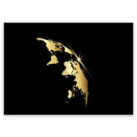 Поздравительная открытка с принтом Золотая планета в Санкт-Петербурге, 100% бумага | плотность бумаги 280 г/м2, матовая, на обратной стороне линовка и место для марки
 | Тематика изображения на принте: black | continent | earth | gold | map | planet | radiance | ray | world | земля | золото | карта | континент | луч | материк | мир | планета | сияние | черный