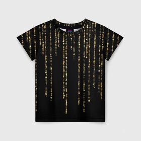 Детская футболка 3D с принтом Золотой глиттер в Санкт-Петербурге, 100% гипоаллергенный полиэфир | прямой крой, круглый вырез горловины, длина до линии бедер, чуть спущенное плечо, ткань немного тянется | black | christmas | confetti | decoration | garland | glitter | gold | holiday | lines | new year | rain | shimmer | shining | sparkle | блеск | блёстки | гирлянда | глиттер | дождь | золото | конфетти | линии | мерцание | новый год | праздник | рождество